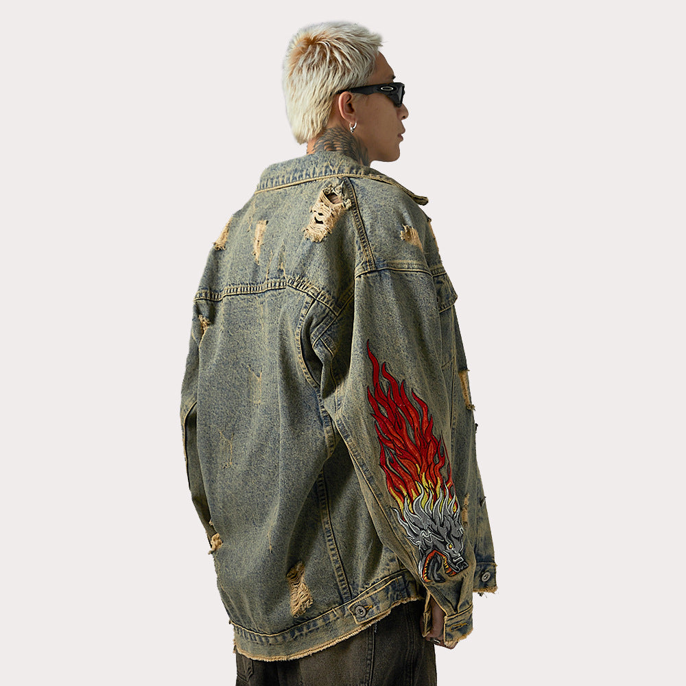 Faucet Zodiac Needle Embroidery Denim Jacket Men's High Street National Fashion Design Sense Ripped Jacket