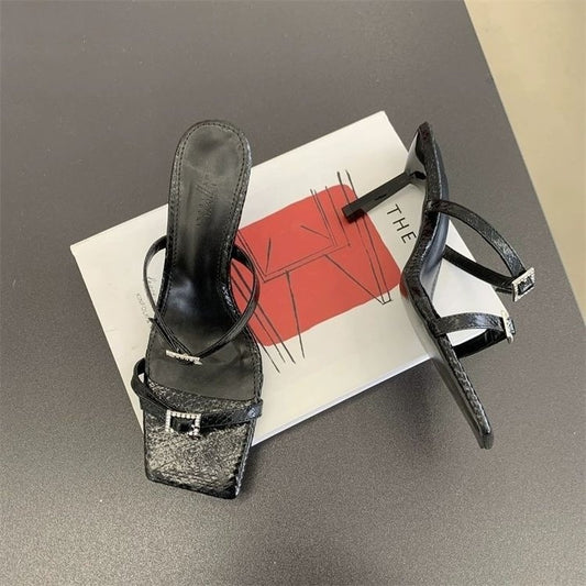 Summer Women's Black Square Toe Thin Heel Open Toe Sandals Casual Versatile High Heels