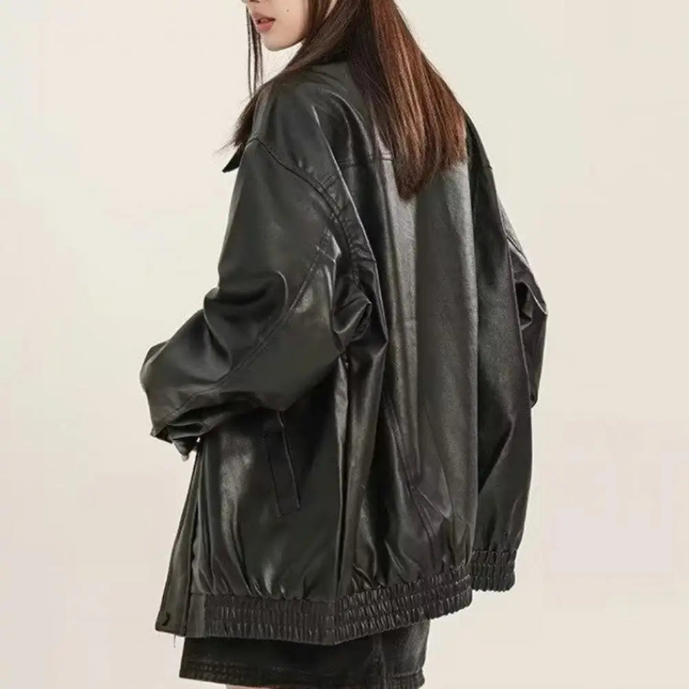Women Jacket with Pocket Women Faux Leather Jacket Vintage American Style Women'S Faux Leather Jacket Loose Fit Zipper Pocket