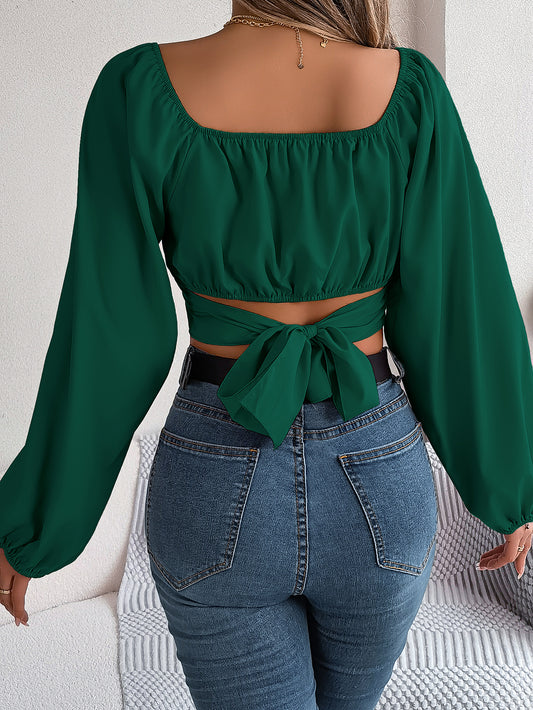 Women's Casual Lantern Sleeve Tie Waist Chiffon Crop Top