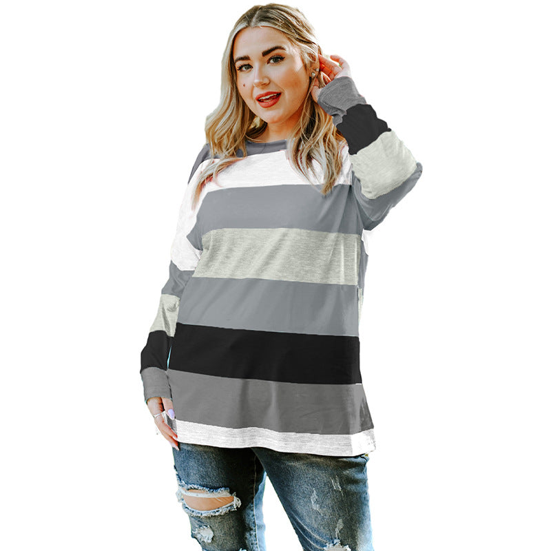 Green Plus Size Color Block Loose Long Sleeve Top