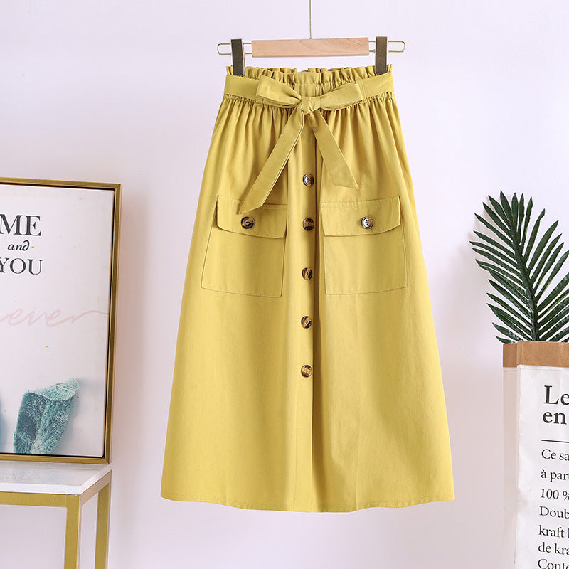 Summer New Artistic Solid Color Buttons Mid-length Skirt Mori Girl Elastic Waist Cotton And Linen A- Line Skirt