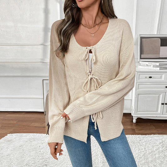 Casual Lazy Lace-up Crew Neck Women's Sweater