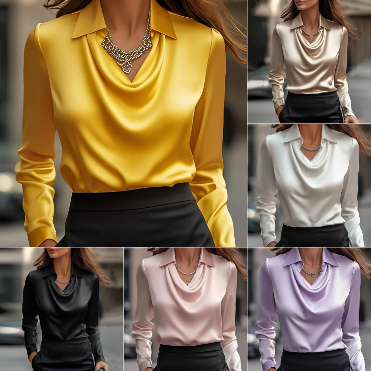 Dame Bluser med Svunget Krave og Drapering Elegant Ensfarvet Satin Kontor Dame Top Pullover Forår Langærmet Casual Toppe