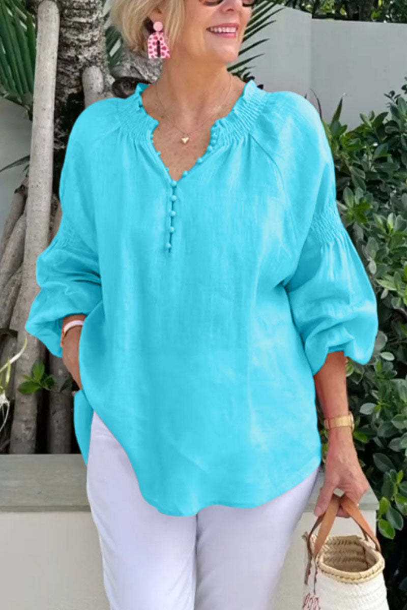 Womens Casual V-Neck Solid Color Cotton-Linen Long-Sleeve Top