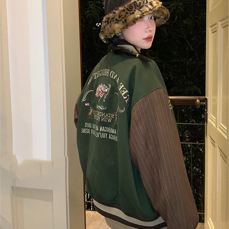 Thickened Quilted Women's All-match Green Retro Baseball Uniform