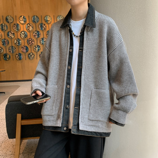 Mens Denim Patchwork Color-Block Knitted Cardigan Coat