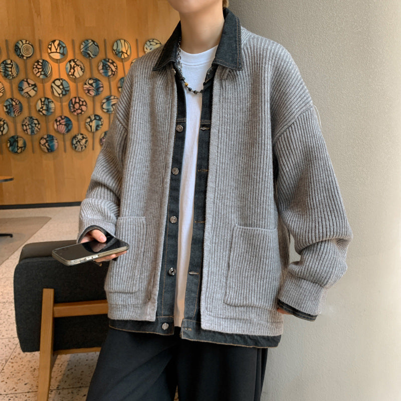 Mens Denim Patchwork Color-Block Knitted Cardigan Coat