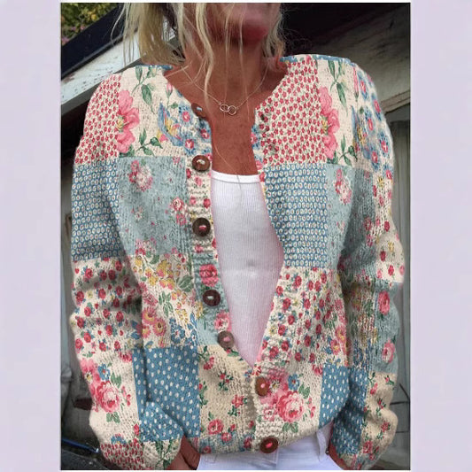 Autumn And Winter Floral Cardigan Round Neck Top