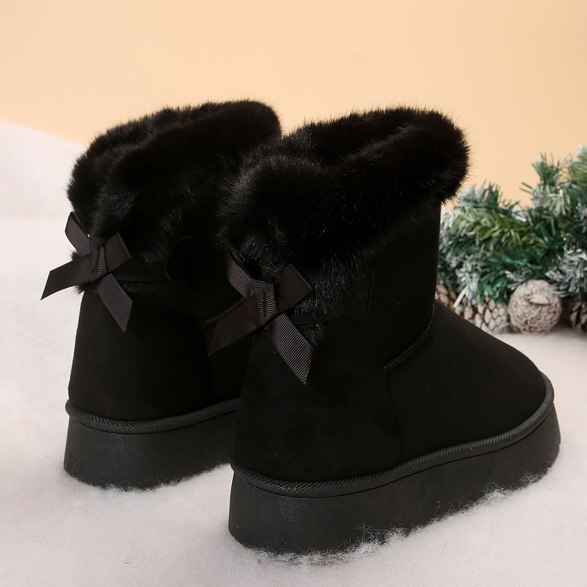 Nye sneboots med sløjfe, vinter, plus fløjlsvarme, tyksålede ankelstøvler til kvinder, enkle, daglige fritids-bomuldssko