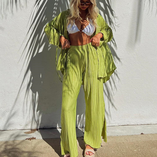 Fashion Suit Pleated Shirt Long Sleeve Split Pajamas Two-piece Set