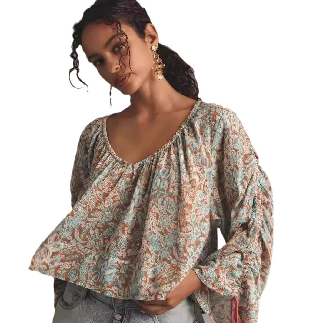 Women's Loose V-neck Pullover Casual Long Sleeve Floral Drawstring Top