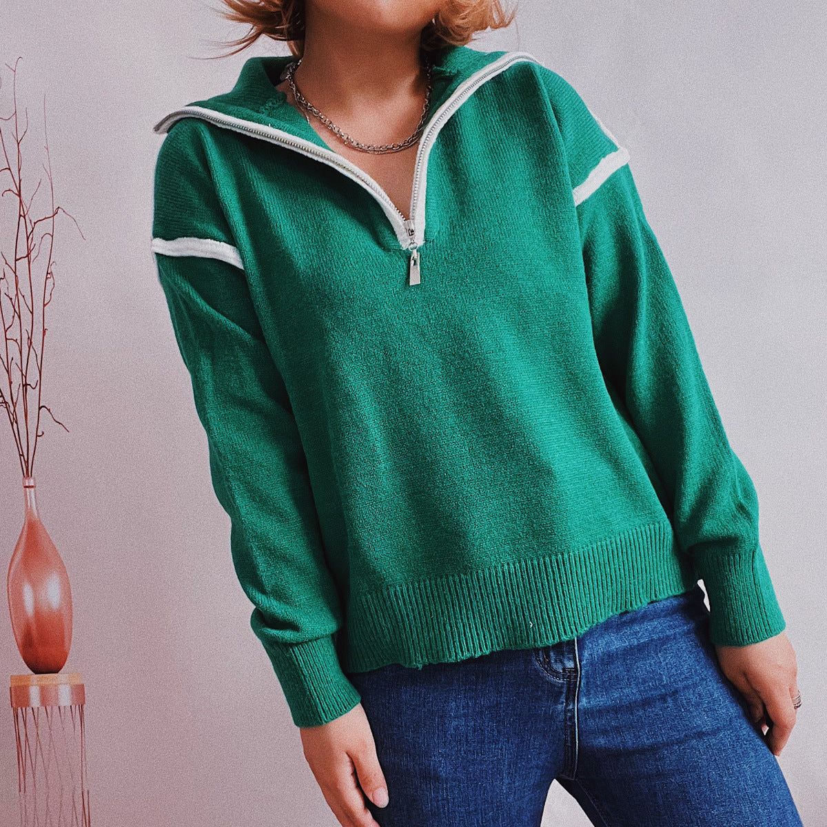 Casual Knitted Zipper And Lapel Contrast Color Long Sleeves Women's