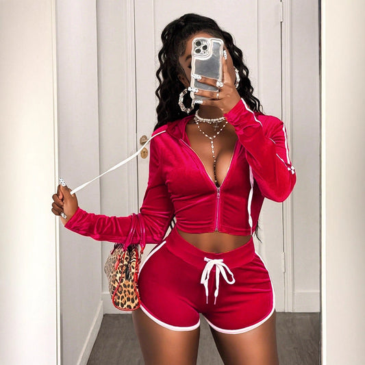 Autumn Fashion Women's Solid Color Long Sleeve Hooded Sport Shorts Set