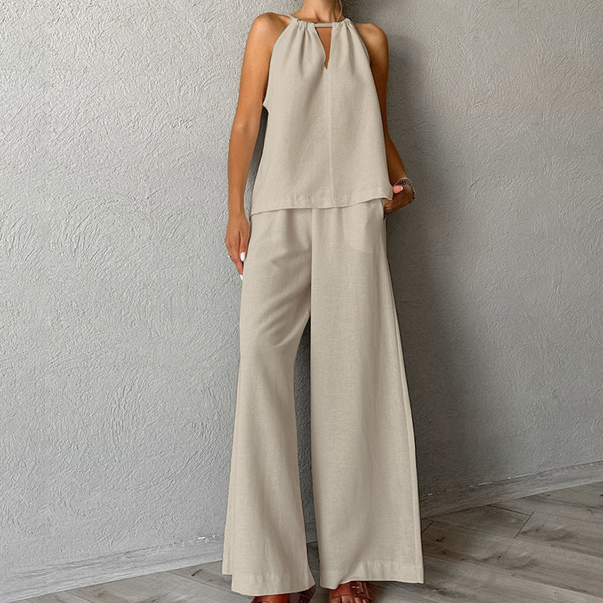 Khaki Cotton-Linen Hollowed-Out Lace-Up Sleeveless Halter Vest And Wide-Leg Pants Set