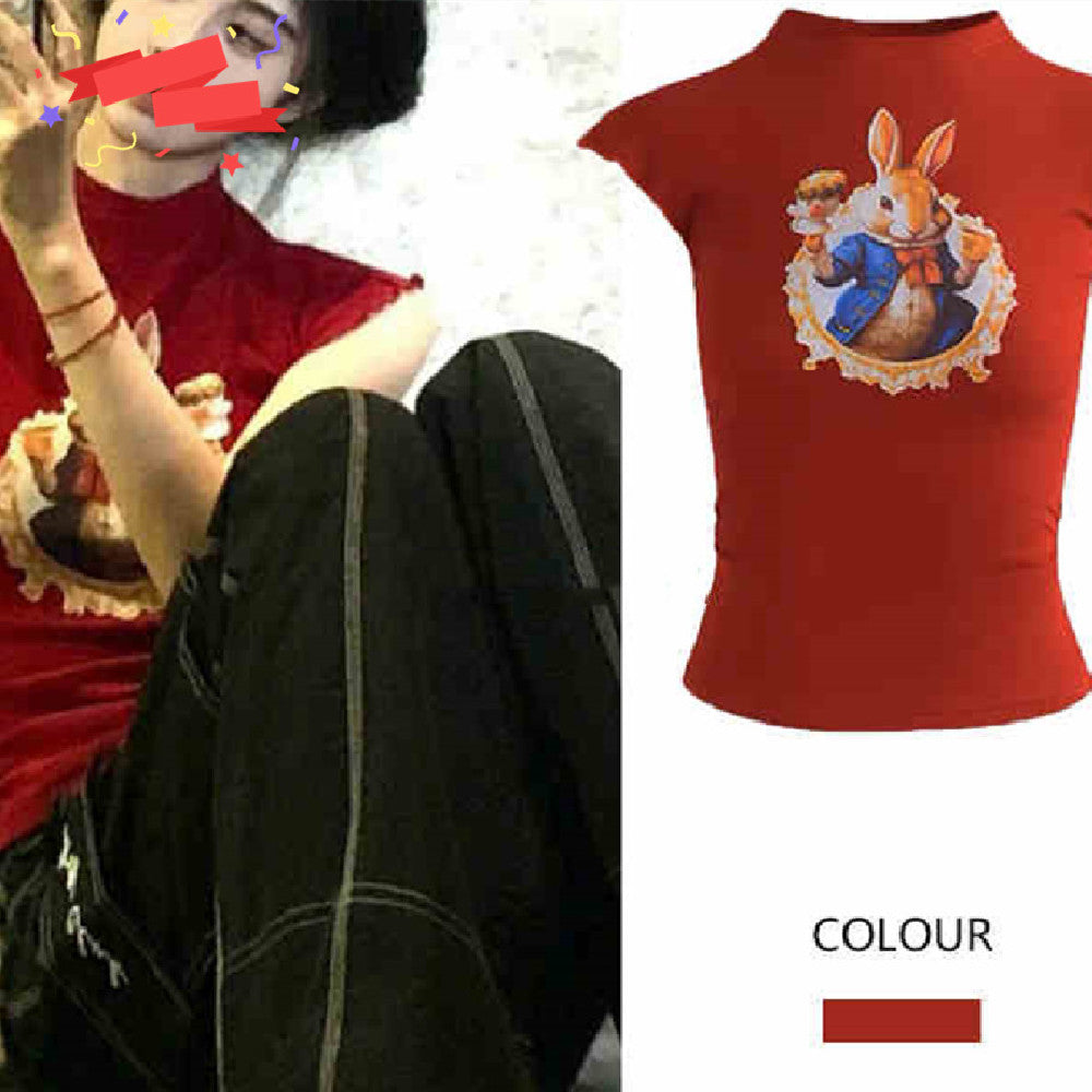 Red Half Turtleneck Rabbit Printed Vest T-shirt