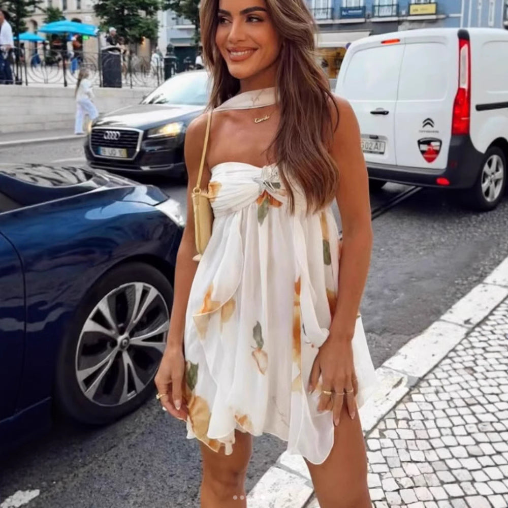 Summer New Halter Neck Deep-Back Asymmetrical Hemline Short Dress For Women