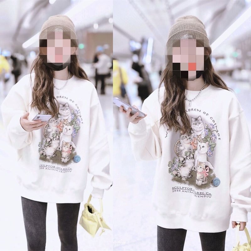 Women's Loose Round Neck Cartoon Mid-length Sweater