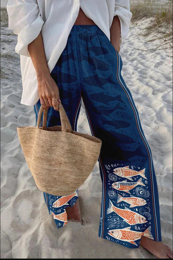Casual Relaxed-fit Athletic Wide-leg Pants With A Fish-scale Pattern