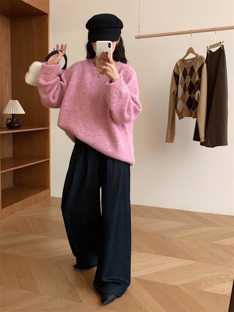 Round Neck Idle Style Autumn And Winter Long Sleeve Soft Glutinous Colored Knit Top