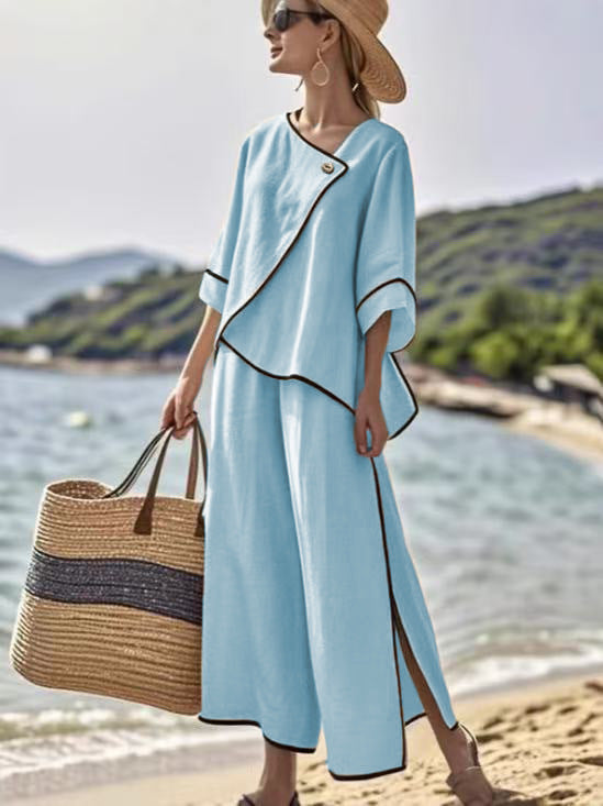 Womens Vacation-Ready Loose Striped Print Wide-Leg Pants Set