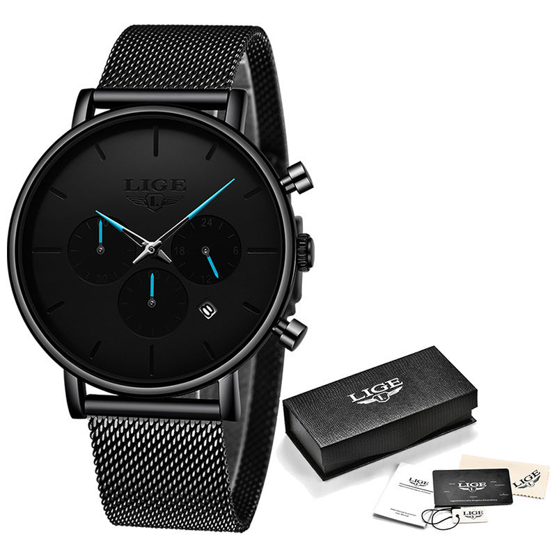Mens Mesh-Strap Multifunctional Water-Resistant Quartz Watch