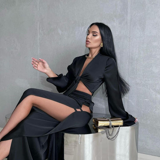 Womens Fashion Set Long-Sleeve Tie-Neck Top With Hollowed-Out Design And Slit-Edge Pants