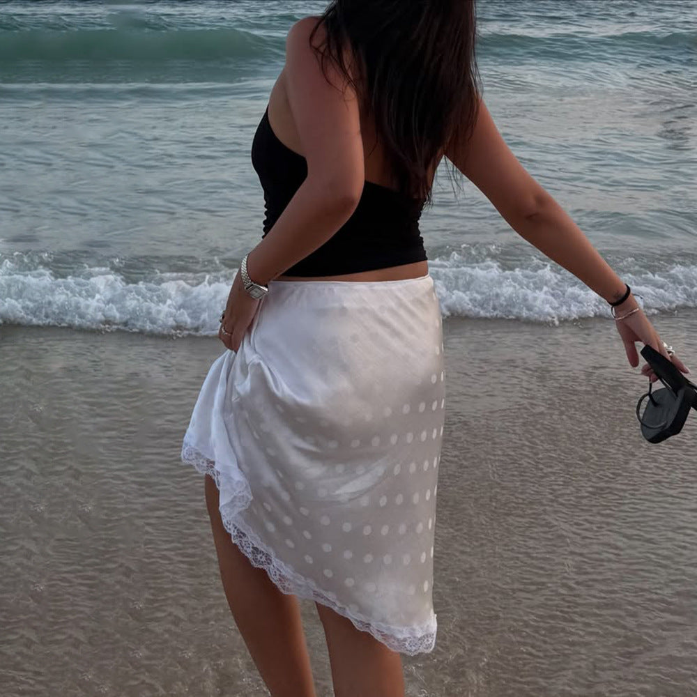Fringe-trimmed Slim-fit New Polka-dot High-waist Skirt