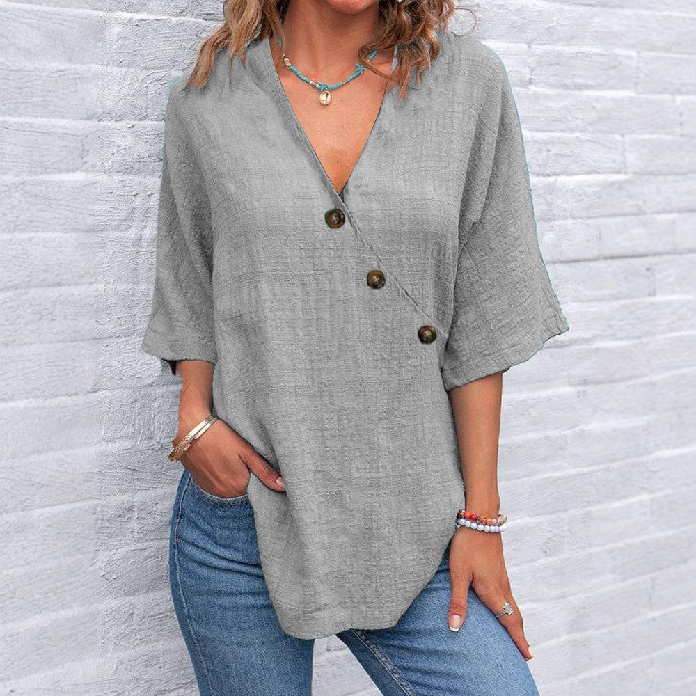Solid Color Linen Button Women's Top