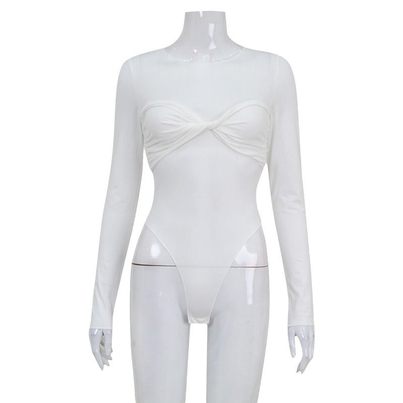Women's Round Neck Long Sleeve Pleated Fashion Jumpsuit
