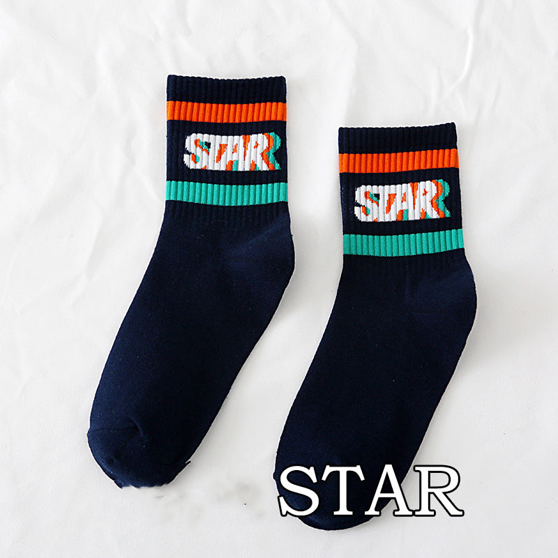 Spring And Autumn Ladies New Mid-calf English Letters Wide Stripe Combination Ins Trend Athletic Socks Combed Cotton Women's Socks Manufacturer