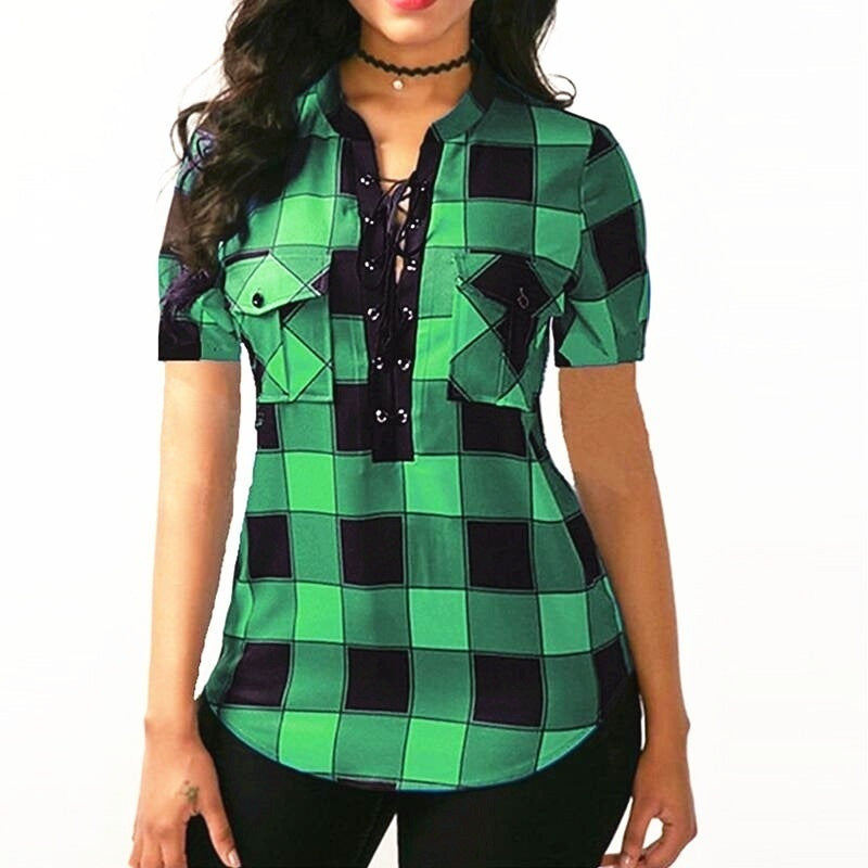 Summer Women's Lace-up Short-sleeved Plaid Shirt