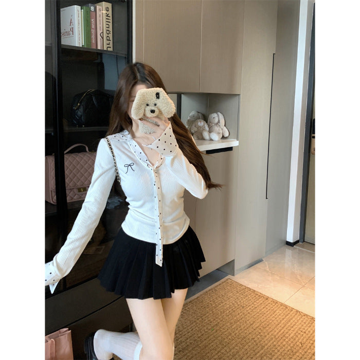 Polka Dot Patchwork Ribbon Long Sleeve T-shirt Women