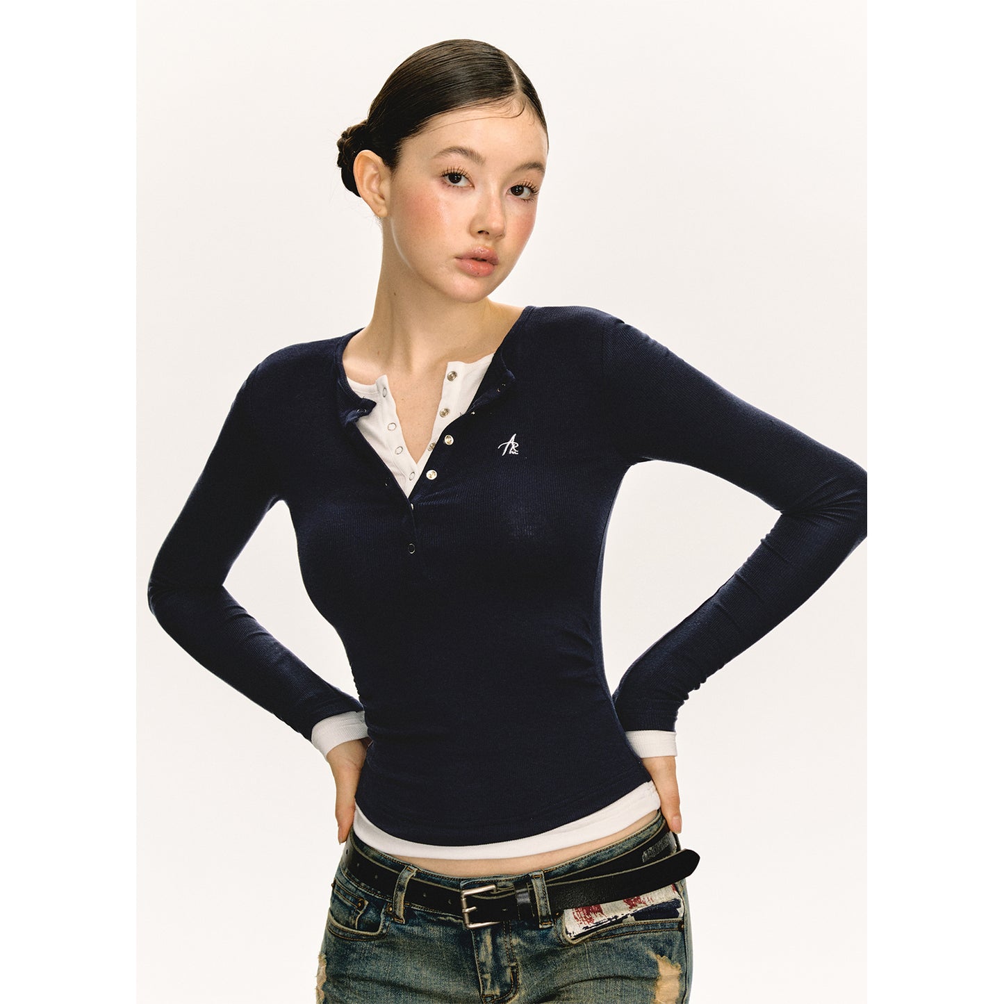 Henry Collar Slim-fit Knitted False Two Pieces Long-sleeved T-shirt