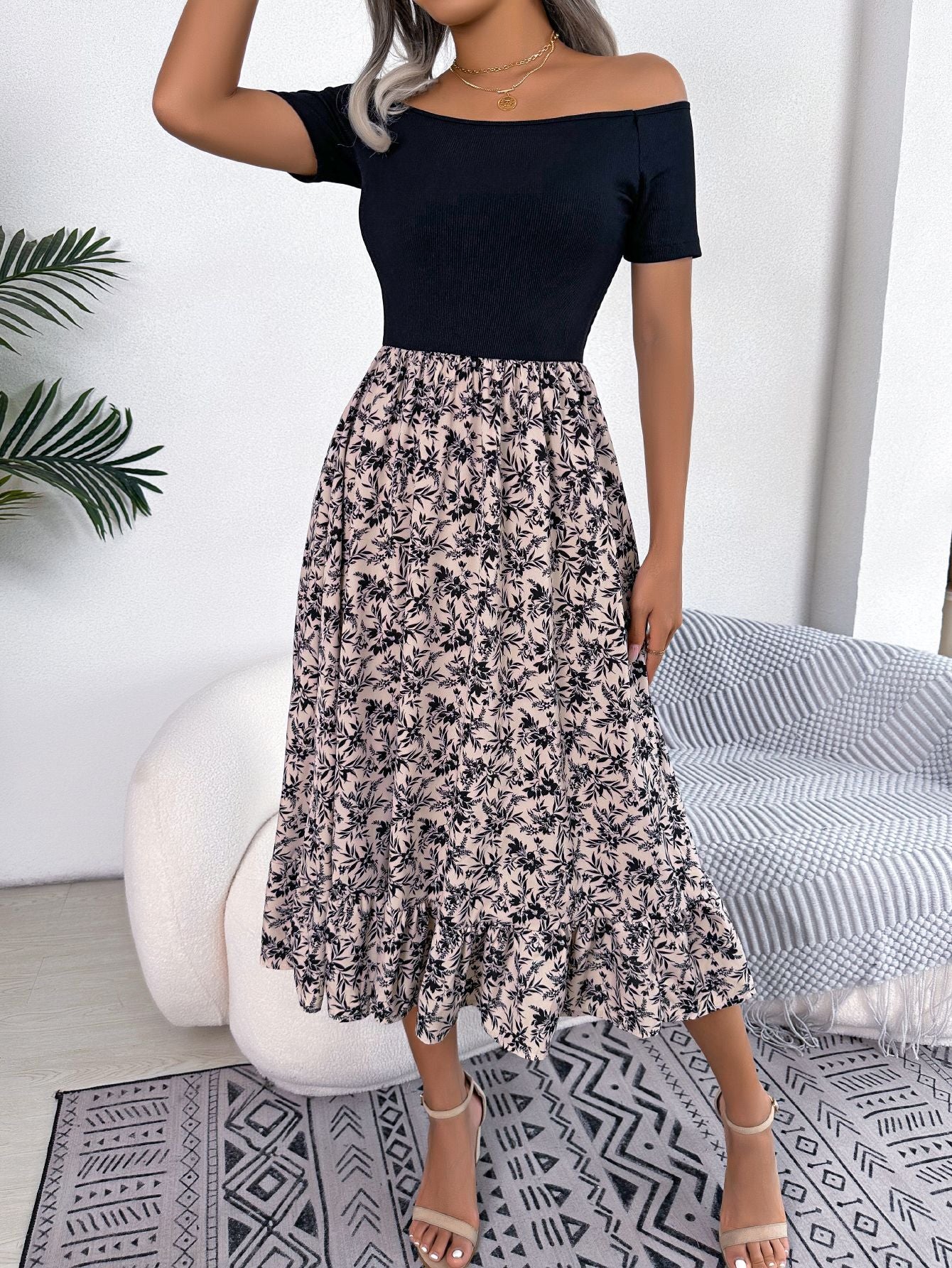 Women  Casual Off Shoulder Floral Print Ruffle Midi Dress