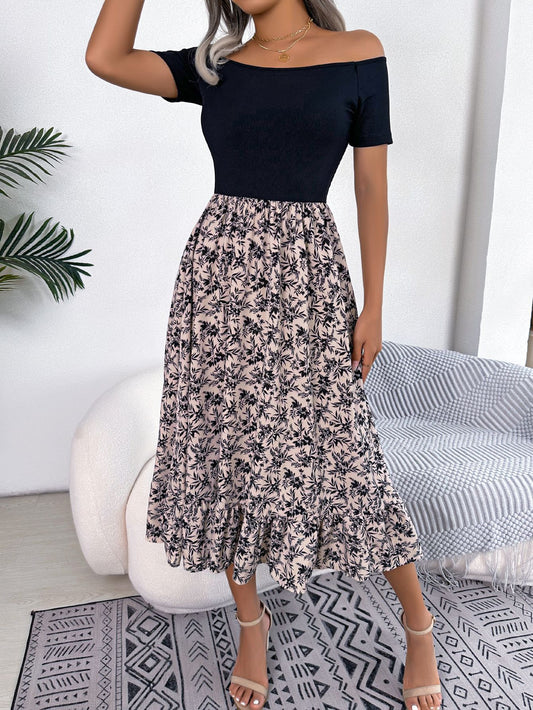 Women  Casual Off Shoulder Floral Print Ruffle Midi Dress