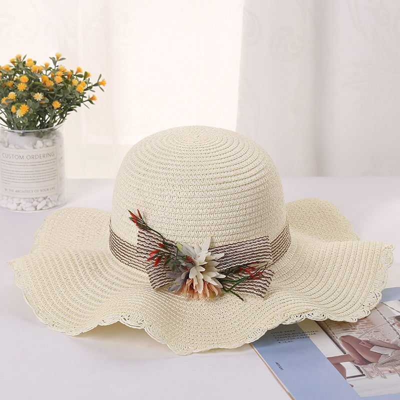 Ladies Flower Wavy Brim Outdoor Sun Protection Straw Hat