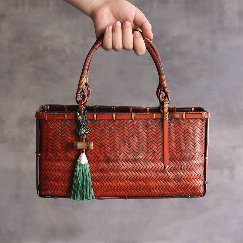 Japanese Style Bamboo Weaving Literary Youth Tea Ceremony Storage Handbag