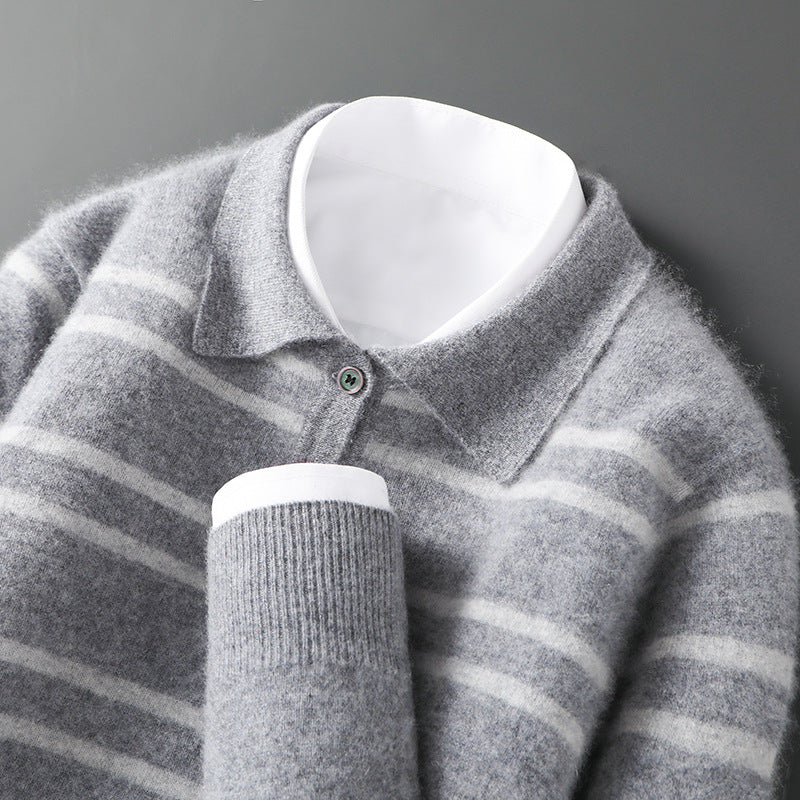 Lapel Pure Wool Sweater Striped Color Matching Half Button Pullover Long Sleeve Loose-fitting Underwear Sweater