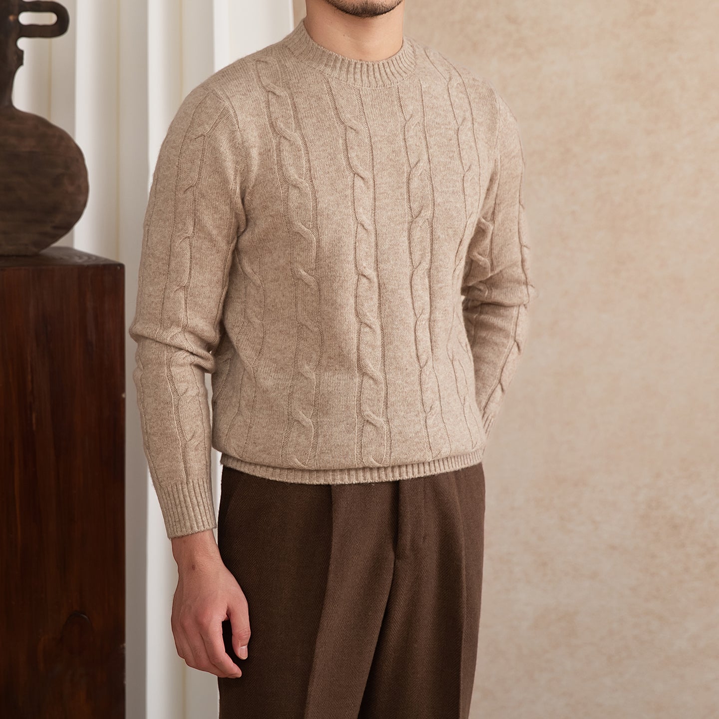 Wool Knitted Twisted Round Neck Pullover Long Sleeve Sweater