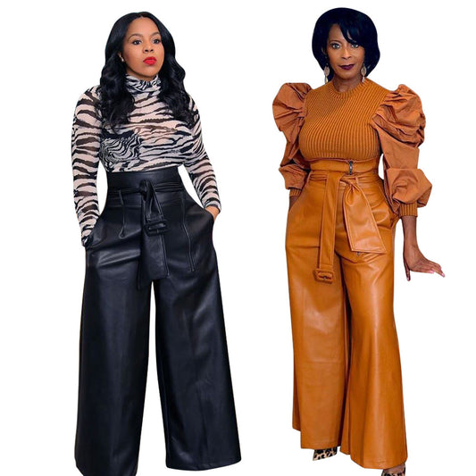 Womens PU High-waisted Wide-leg Pants