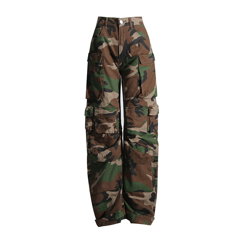 Women's Side Multi-pocket Decorative Design Camouflage Cool Handsome Loose Street Jeans