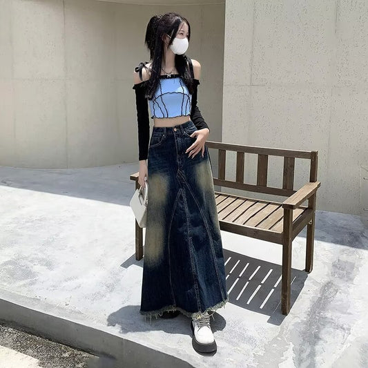 Retro White Stitching Draping Denim Mid-length Skirt