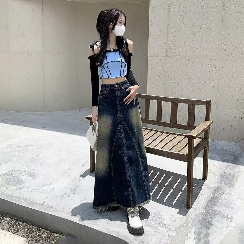 Retro White Stitching Draping Denim Mid-length Skirt