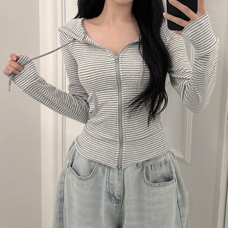Striped Hoodie Coat Pocket Stitching Zipper Cardigan