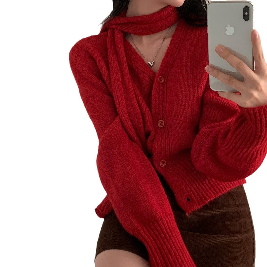 Warm Halter Scarf Design Sense Niche V-neck Sweater Women's Long-sleeved Sweater