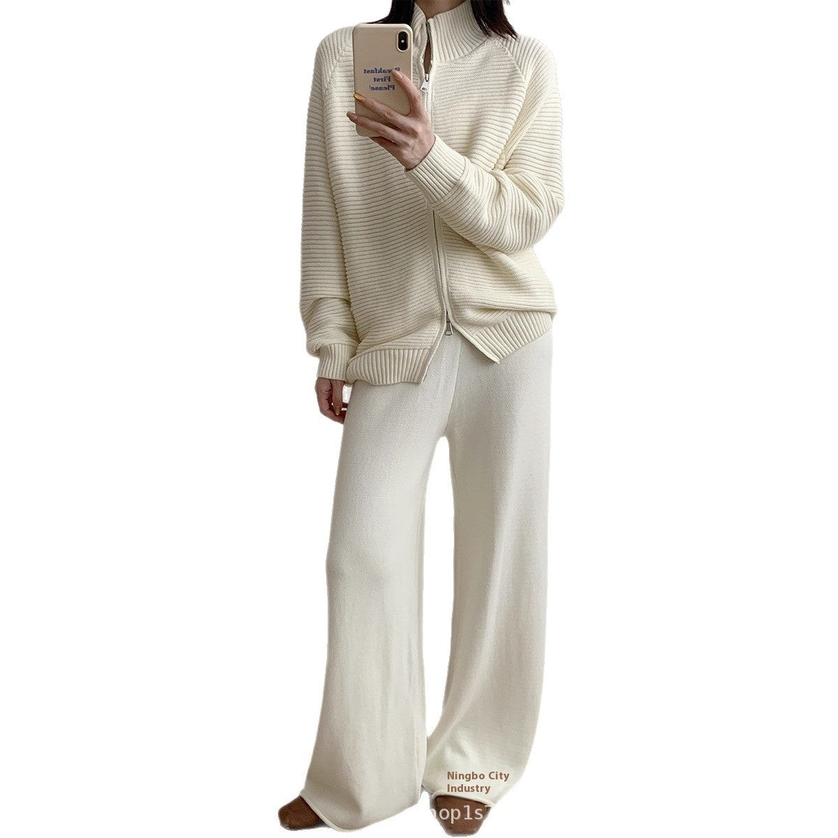 Fashionable Knitted Cotton Suit Zipper Cardigan Casual Trousers