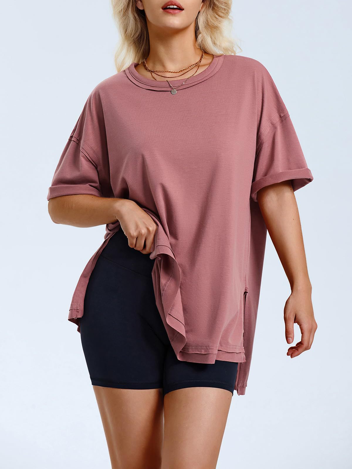 Women's Solid Color Cotton Round Neck Slits On Both Sides Loose T-shirt