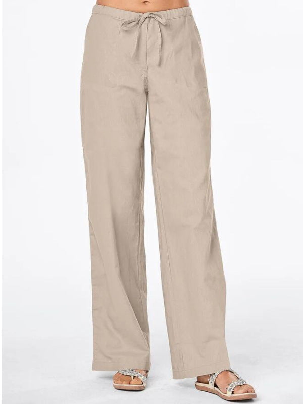 Solid-color Drawstring-pocket Loose Casual Wide-leg Linen Pants