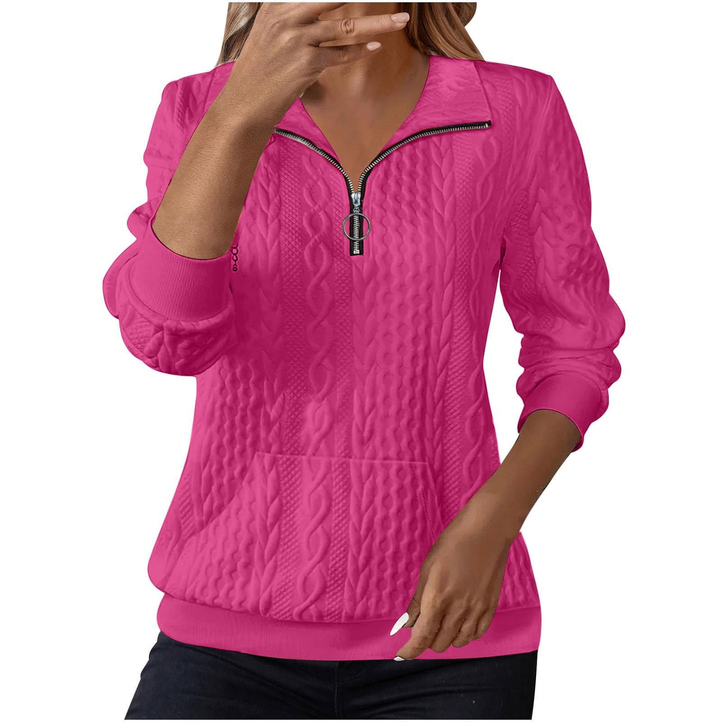 Womens Casual Lapel-collar Zip-up Long-sleeve Hoodie With Pockets